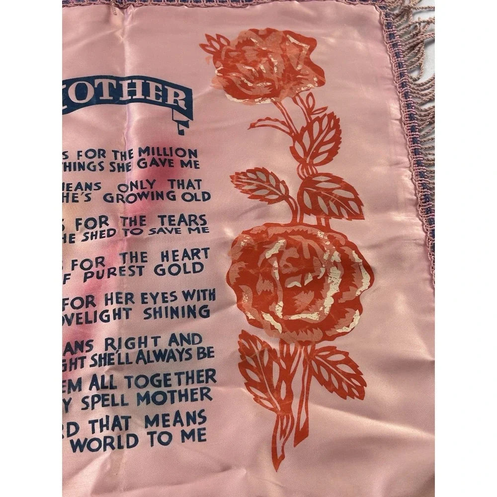 Vintage Satin Mother Poem Pillowcase Pink Floral Fringe Sentimental Decor